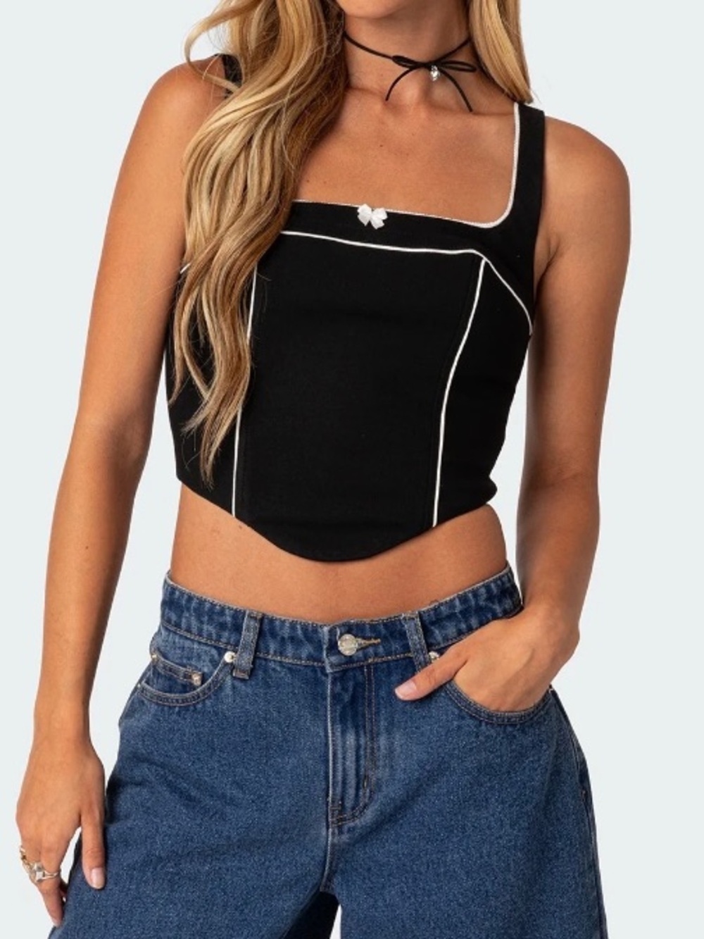 Black Square Neck Crop Top with Contrast Piping